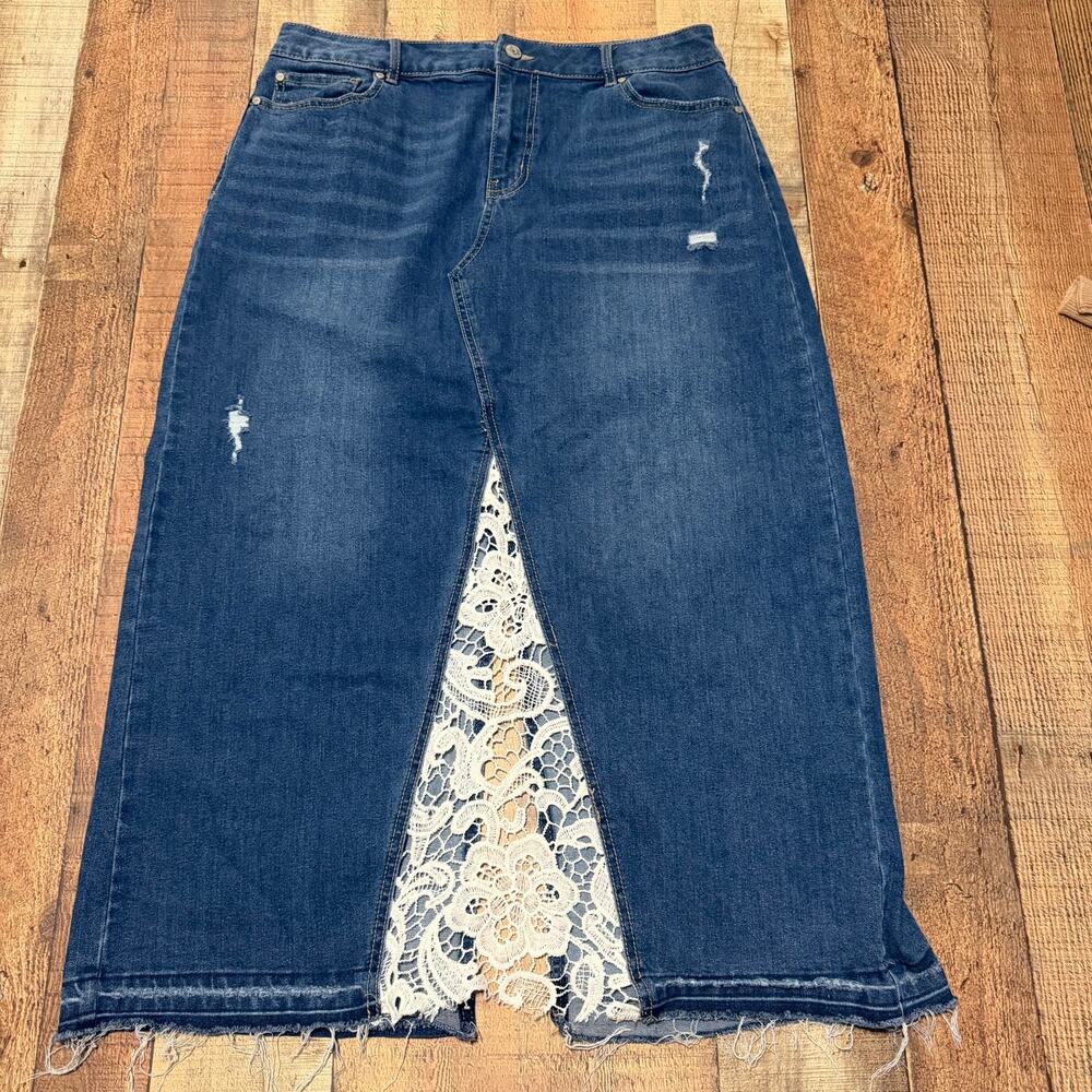 Women's Medium Wash White Floral Lace Split Inset Maxi Skirt Sz 12 Festival Boho